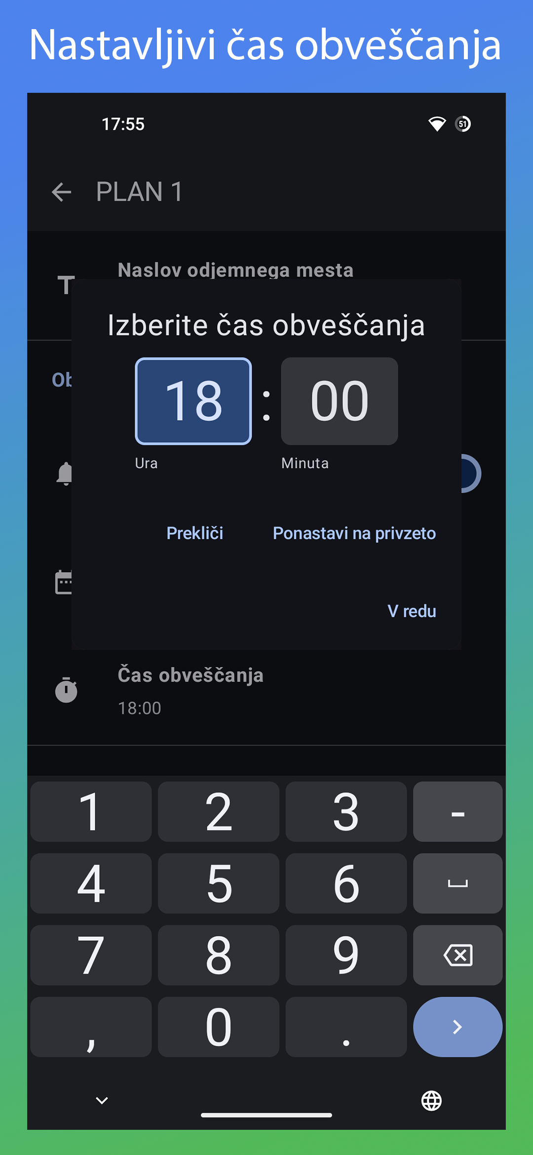 Zaslonski posnetek aplikacije Smetar: ConfigurableNotificationTime