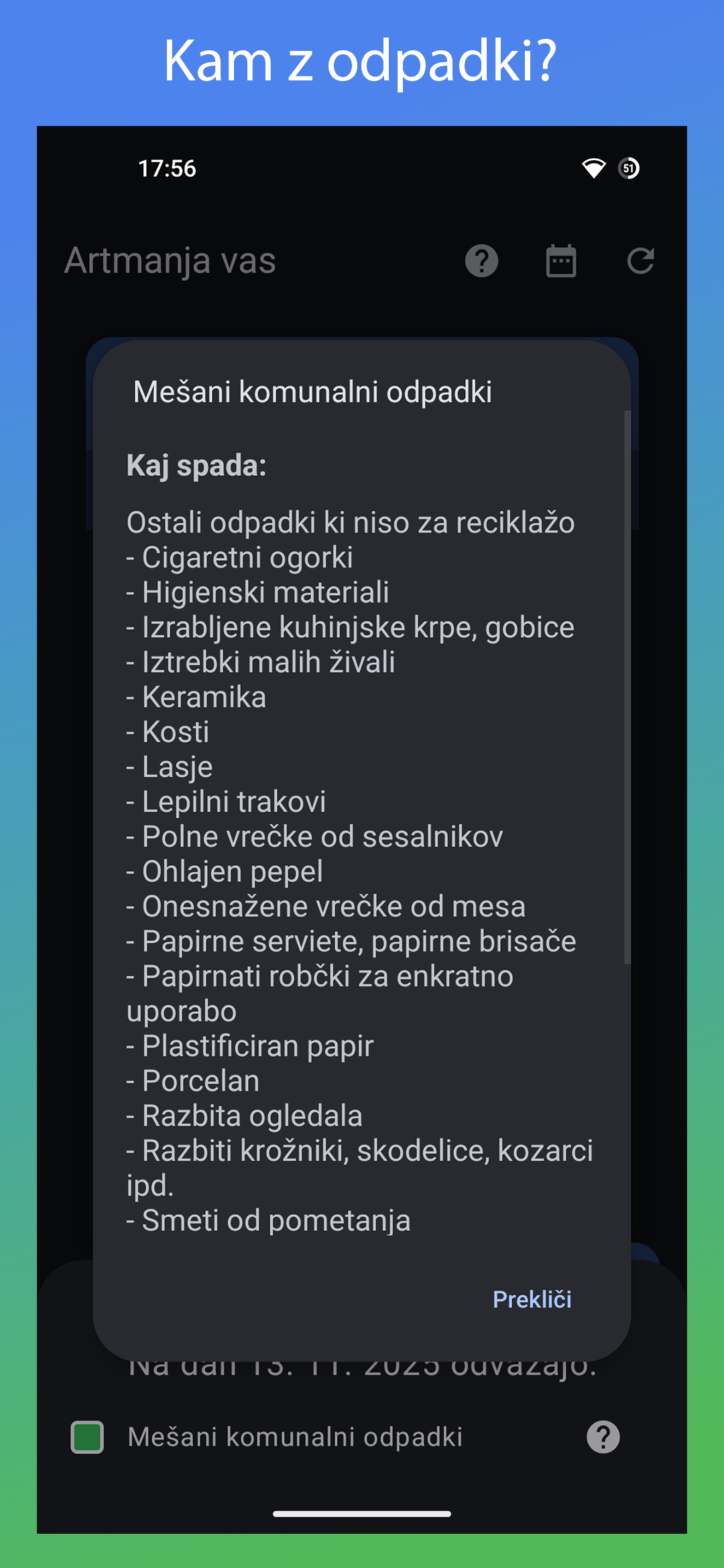 Zaslonski posnetek aplikacije Smetar: TrashTypeContains